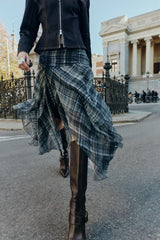 Women Blue Plaid Pleated Skirt | Asymmetrical Hem | High Waist | Long Skirt | Y2k
