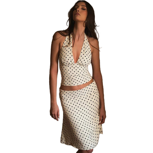 Women Polka Dot Print Top | Two-piece Set | Halter Neck Vest Top | Low Waist Skirt