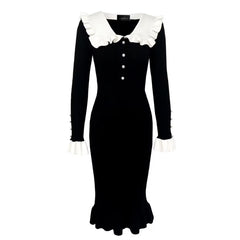 Women Knitted Ruffled Long Dress | V-Neck Summer Vintage Dress