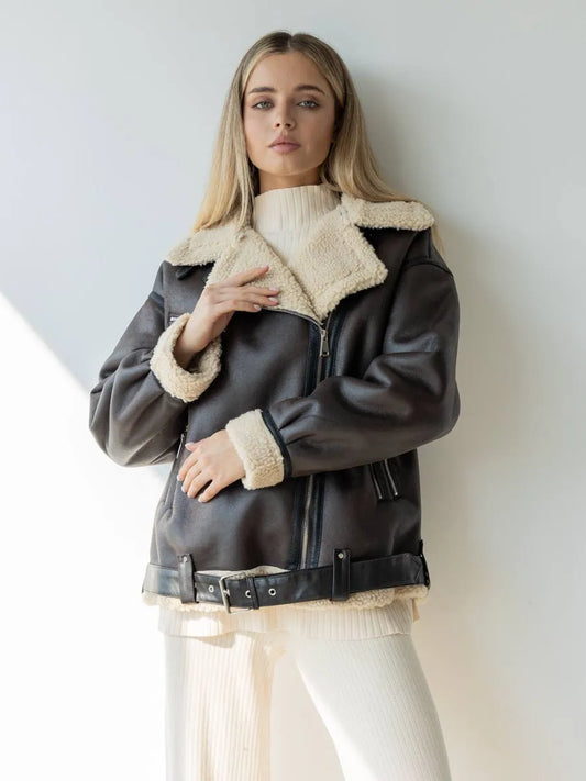 Women Dark Brown Shearling Leather Jacket | Classic Fur Leather Jacket | Long Sleeve Moto Biker Zipper