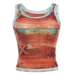 Women Summer Mesh Tank Top | Vintage Print | Crop Top | Tee
