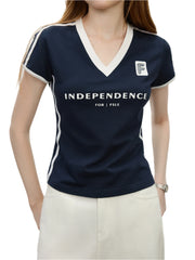 Women Summer Cotton V Neck Sporty Cropped Jersey Tee | Y2K |  Breathable