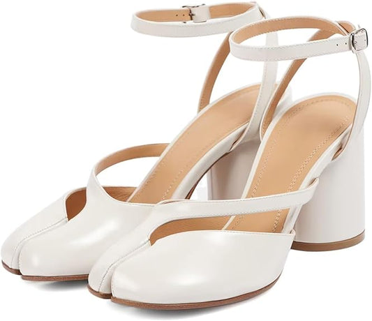 Women Patent Leather Cross Strap Tabi Sandals | Slingbacks Split Toe | Thick High Heels | Chunky Shoe Sandals