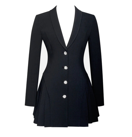 Women Black Blazer Winter Mini Dress | V Neck Single-Breasted Long Sleeve Pleated Dress
