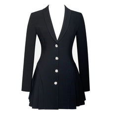 Women Black Blazer Winter Mini Dress | V Neck Single-Breasted Long Sleeve Pleated Dress