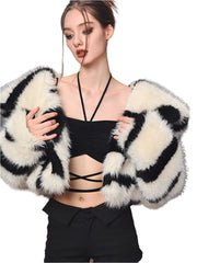 Women Cropped Zebra Fur Coat | Fluffy Big Collar Fur Short Jacket