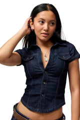 Women Retro High Waisted Top | Denim Top | Y2k