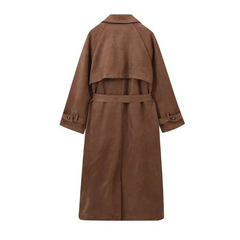Women Vintage Brown Suede Double Breasted Coat with Belt | Casual Turn-Down Collar Long Jacket