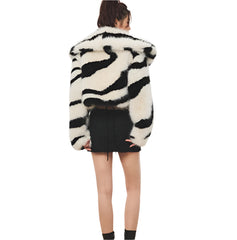 Women Cropped Zebra Fur Coat | Fluffy Big Collar Fur Short Jacket