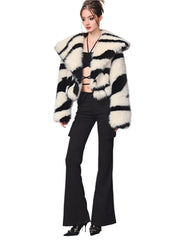 Women Cropped Zebra Fur Coat | Fluffy Big Collar Fur Short Jacket
